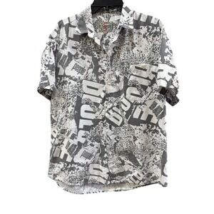 Vintage Sergio Men Graphic Print Button Down Shirt‎ Gray White Cotton Size M